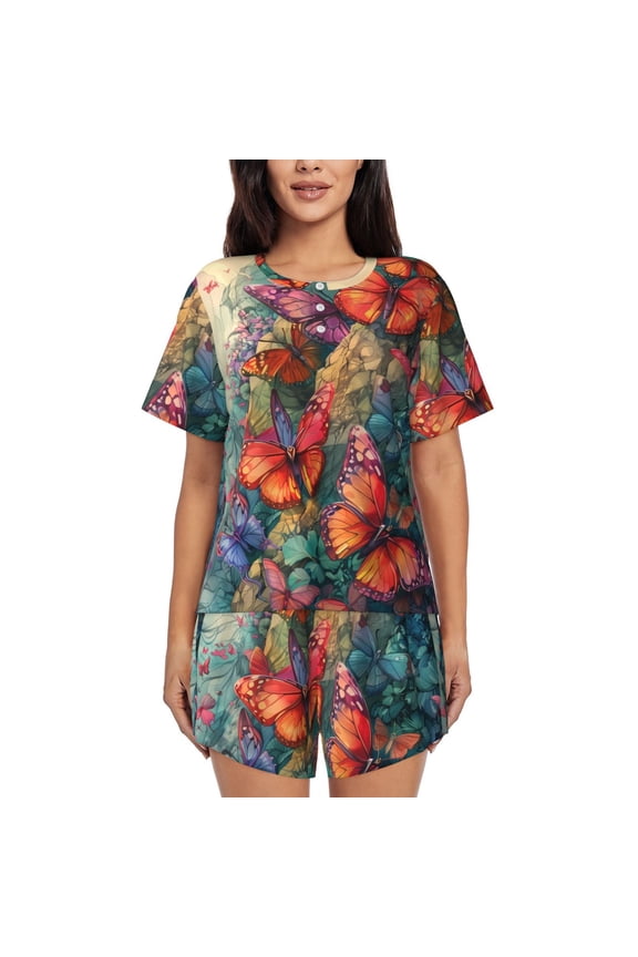 Butterflies On Rocky Cliff Pajamas Sets for Women Soft Short-Sleeved Pjs with Lounge Shorts Two Piece Sleepwear-Large