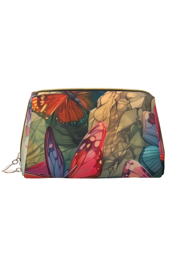 Butterflies On Rocky Cliff Print Leather Makeup Bag Make Up Bag Travel Toiletry Bag for Her Girlfriend Teacher Teen Girl Gifts