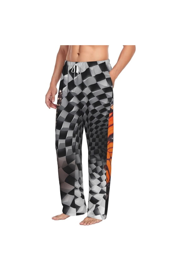 Butterflies Optical Illusion Mens Soft Woven Cotton Elastic Waistband Sleep Pajama Pant Lounge Sleep Pant With Pockets And Drawstring-Large