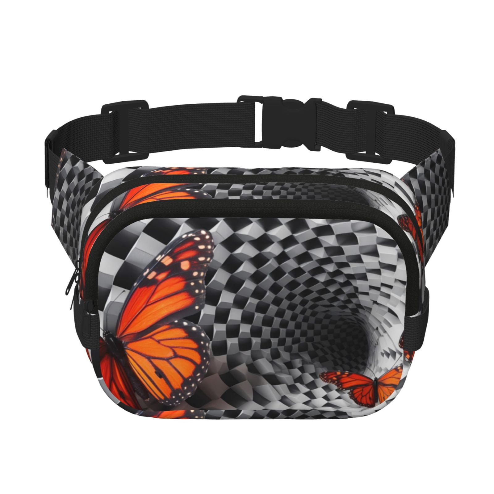 Picia Butterflies Optical Illusion Print Square Double-Layer Waist Bag Mini Adjustable Waist Belt Bag Exercise Running Travel Hiking