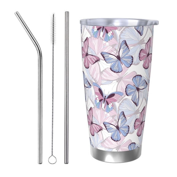 Picia Butterflies in Pastel Pattern 20 oz Tumbler Stainless Steel Vacuum Insulated Coffee Ice Cup Double Wall Travel Flask Dual Lid Water Bottle, Eco-friendly Car Cup-Straw Three-piece Set