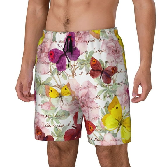 Picia Butterflies and Vintage pattern Mens Swim Trunks with Compression Liner Stretch Beach Shorts Quick Dry with Zipper Pockets No-Chafing Board Shorts-Small