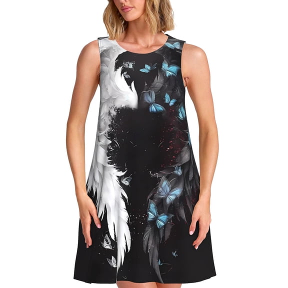 Picia Butterfly Angel Wings Art Print Women’s Sleeveless Midi Swing Dress – A-Line Pleated Tank Sundress, Comfortable and Flowy T-Shirt Dress