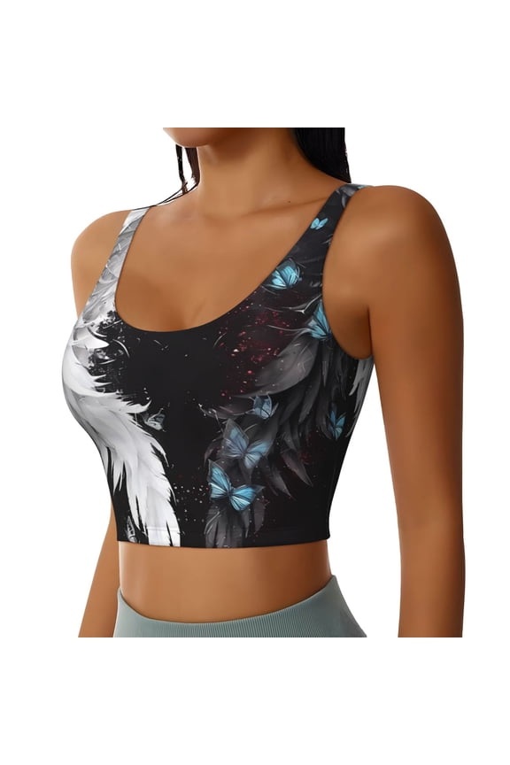 Butterfly Angel Wings Art Sports Bra for Women,Padded Strappy Sports Bras Medium Support Yoga Bra with Removable Cups,Running Yoga Bra-Large