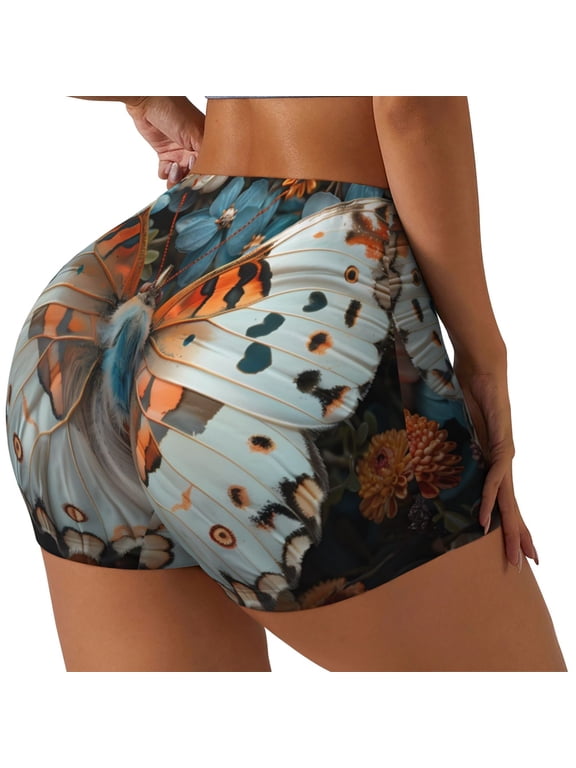 Butterfly and Bloom Beauty Printed Workout Shorts for Women Seamless Scrunch Butt Lifting High Waisted Yoga Gym Booty Running Moisture-wicking Short Pants-X-Large