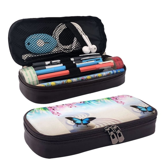 Picia Butterfly In Blossoms Zen Pattern Large Capacity PU Leather Pencil Case Organizer Pen Marker Holder Double Zipper Storage Bag Big Pencil Pouch for College Office