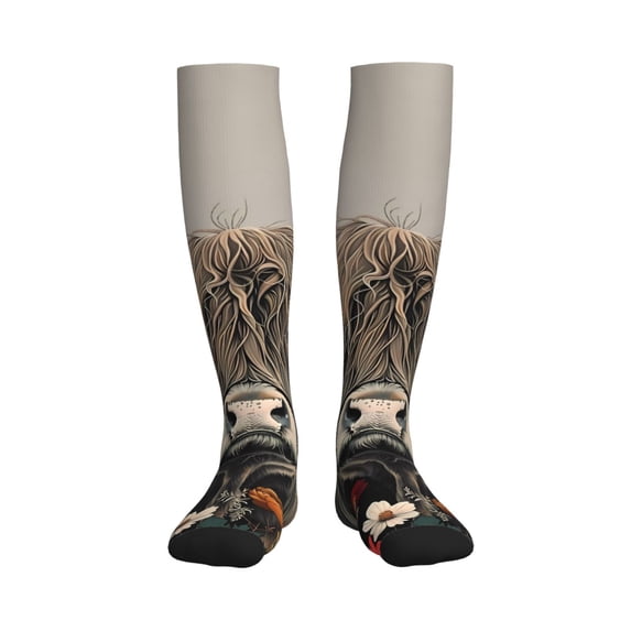 Picia Butterfly Cow With Flowers Printed Sports Compression Socks - 15-20mmHg Graduated Compression, High-Performance Soft and Breathable Socks for Men and Women