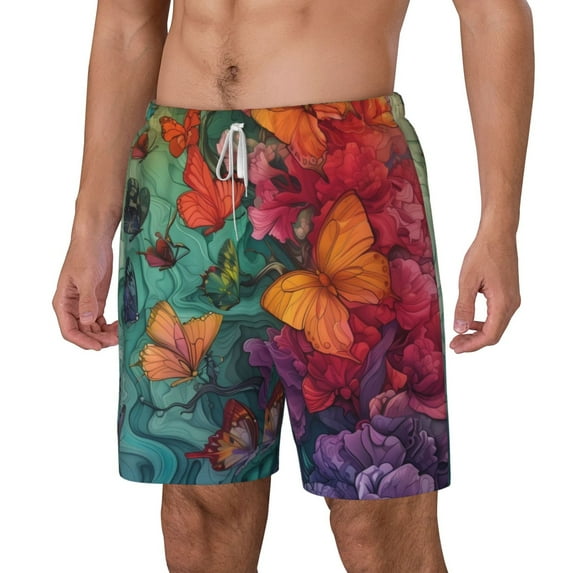 Picia Butterfly Flower Cascade pattern Mens Swim Trunks with Compression Liner Stretch Beach Shorts Quick Dry with Zipper Pockets No-Chafing Board Shorts-3X-Large