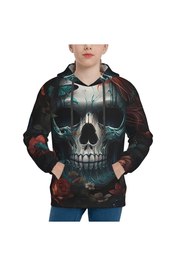 Butterfly Flower Skull Pattern Youth Hoodie - Warm Pullover Sweatshirt with Kangaroo Pocket, Ideal for Boys and Girls-Large