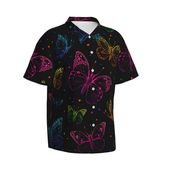 Picia Butterfly Gentle Cotton Regular Fit Short Sleeve Casual Hawaiian Shirt for Men-X-Large