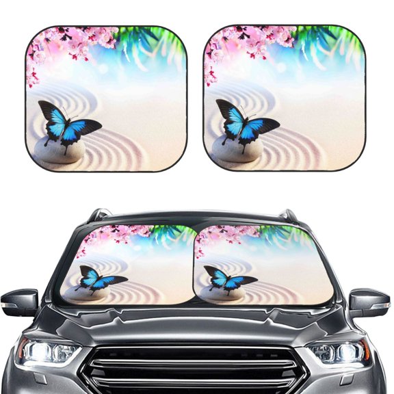 Picia Butterfly In Blossoms Zen 2 Piece Car Windshield Sun Shade Foldable | Foldable Sun Shield for Front Window Blocks UV Rays and Keeps Your Vehicle Cool-Medium