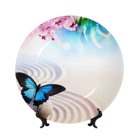 Picia Butterfly In Blossoms Zen Pattern Bone China Decorative Plate – Wall Decor with Stand and Adhesive, Elegant Ornament for Living Room, Office, or Entryway-7in