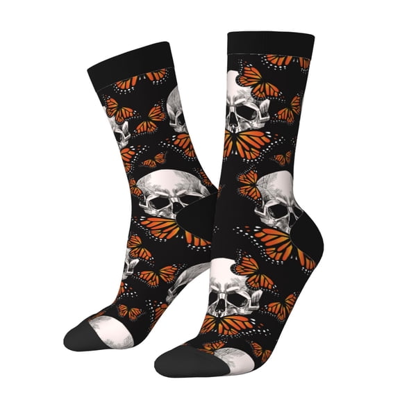 Picia Butterfly Skull Print Athletic Socks for Men & Women – Cushioned Moisture-Wicking Crew Socks for Sports, Running, and Training, Soft & Breathable Size 5-11