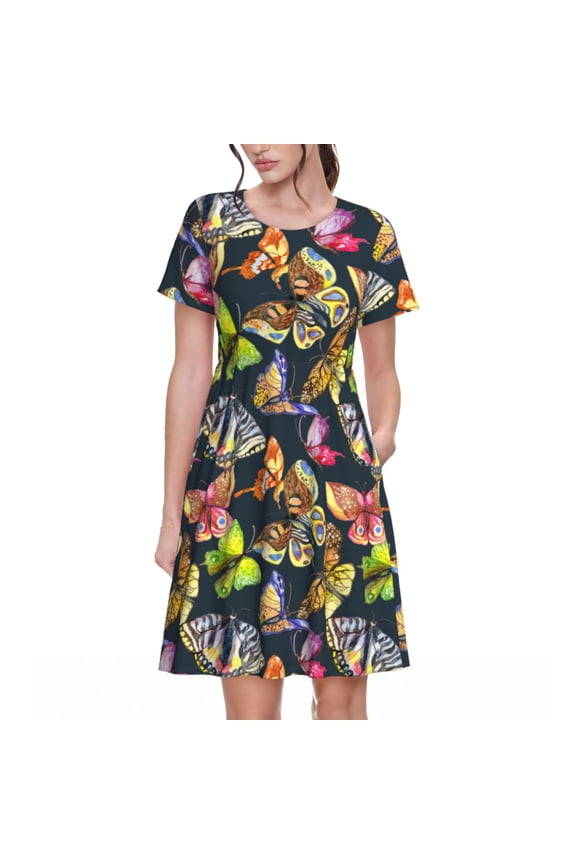 Butterfly Wild Insect Pattern Women's Short Sleeve Summer Dress Pleated Loose Swing Knee Length Short Sleeve Swing Dresses