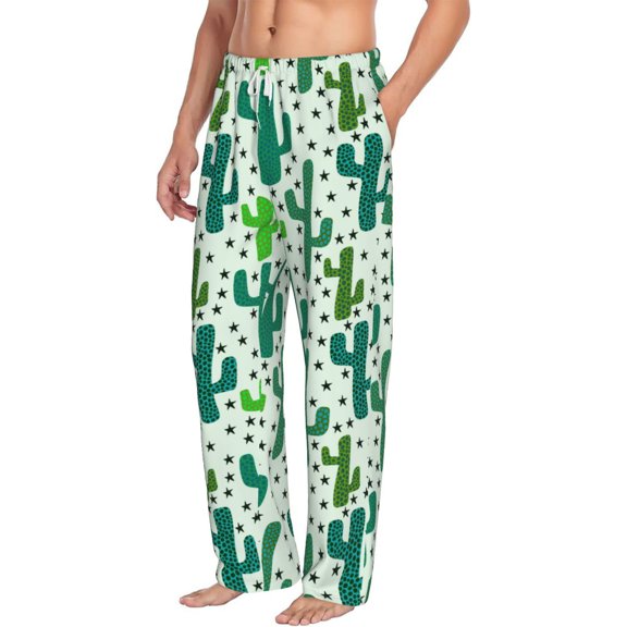 Picia Cactus 1 Mens Soft Woven Cotton Elastic Waistband Sleep Pajama Pant Lounge Sleep Pant With Pockets And Drawstring-Small