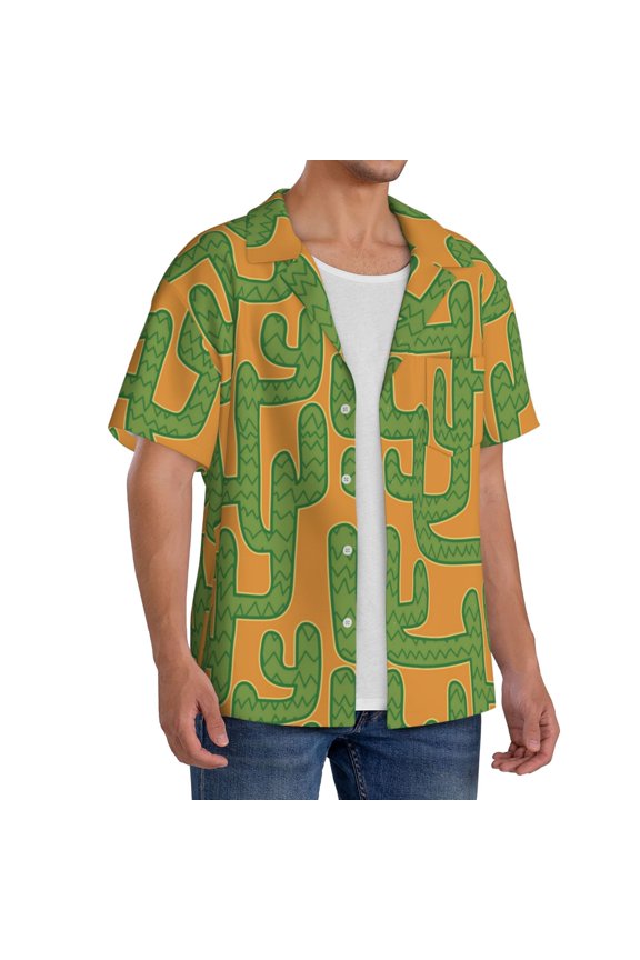 Cactus 2 Men's Linen Shirts Short Sleeve Cuban Beach Shirts Casual Shirts Button Down Shirt for Men Beach Summer Wedding Shirt-X-Large
