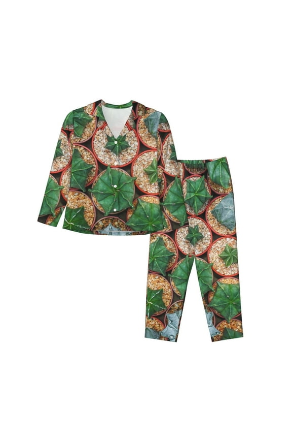 Cactus 4 Pattern Women’s Long-Sleeve Sleepwear Set - Soft 2-Piece Loungewear with Pockets, Comfy PJs for Relaxing Nights-XX-Large