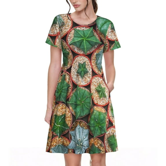 Picia Cactus 4 Pattern Women's Short Sleeve Summer Dress Pleated Loose Swing Knee Length Short Sleeve Swing Dresses
