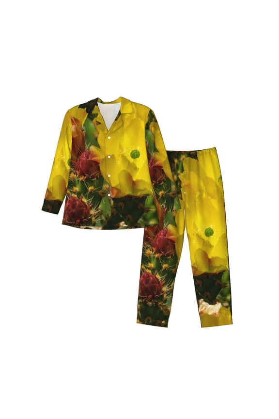 Cactus Flowers Pattern Men’s Long-Sleeve Sleepwear Set - Soft 2-Piece Loungewear with Pockets, Comfy PJs for Relaxing Nights-Large