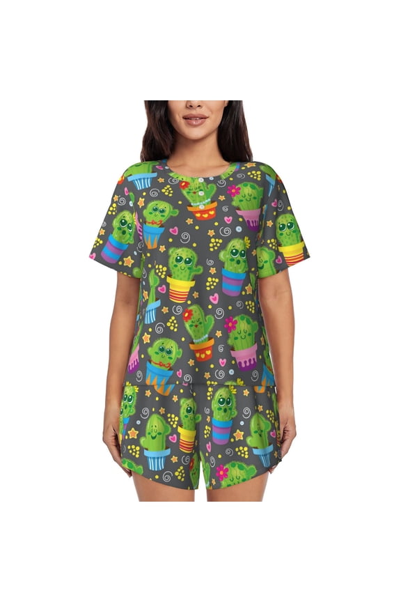 Cactus In Pots Pajamas Sets for Women Soft Short-Sleeved Pjs with Lounge Shorts Two Piece Sleepwear-Medium