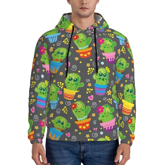 Picia Cactus In Pots Pattern Casual Men's Hoodie - Lightweight Hooded Sweatshirt with Kangaroo Pocket, Comfortable Pullover for Everyday, Travel-3X-Large