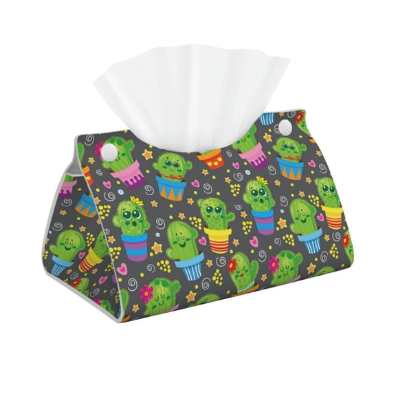 Picia Cactus In Pots Pattern Long Tissue Box Cover,PVC Leather Triangle Holder,Tissue Box Holder with Magnetic Bottom,Facial Paper Organizer Dispenser-7.9"X4.9"X4.5"