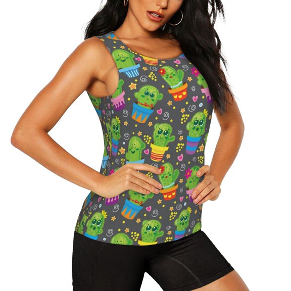 Picia Cactus In Pots Pattern Women's Workout Tank Top,Breathable Activewear,Slim Fit Athletic Top,Versatile Workout Moisture-wicking top-XX-Large