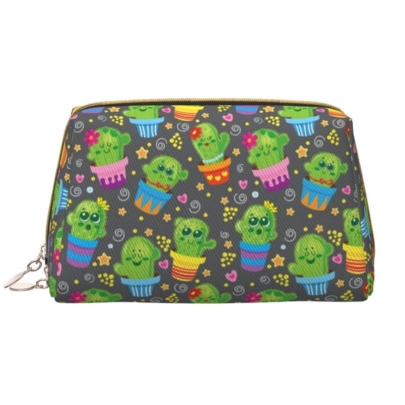 Picia Cactus In Pots Print Leather Makeup Bag Make Up Bag Travel Toiletry Bag for Her Girlfriend Teacher Teen Girl Gifts