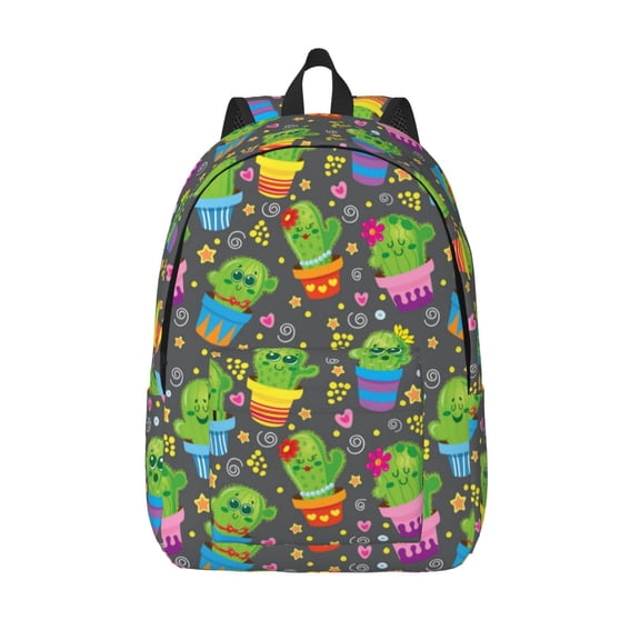 Picia Cactus In Pots Printed Canvas Daypack - Stylish and Durable Vintage Compact Backpack - Class, Work, Travel, or Laptop Bookbag,Organized Compartments-Small