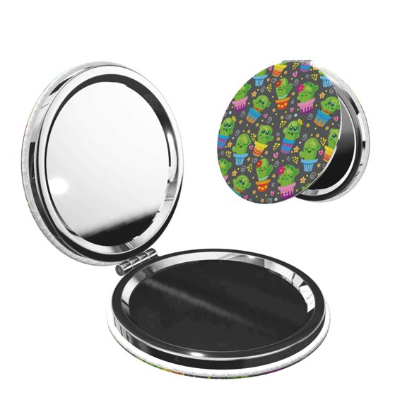 Picia Cactus In Pots for Compact Vanity Mirror , Travel Makeup Mirror , Portable Magnifying Cosmetic Mirror for Daily, Work, Business-Round Shape