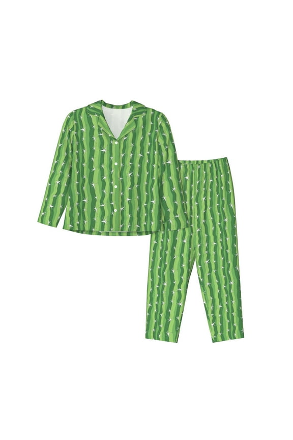 Cactus Pattern Women’s Long-Sleeve Sleepwear Set - Soft 2-Piece Loungewear with Pockets, Comfy PJs for Relaxing Nights-Small