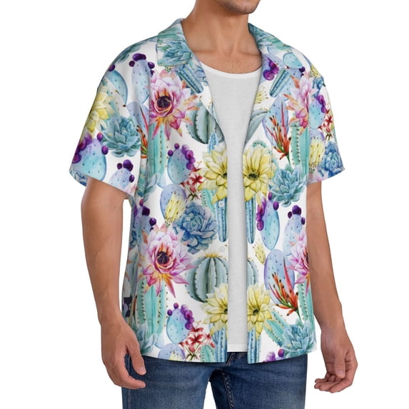 Picia Cactus1 Men's Linen Shirts Short Sleeve Cuban Beach Shirts Casual Shirts Button Down Shirt for Men Beach Summer Wedding Shirt-4X-Large