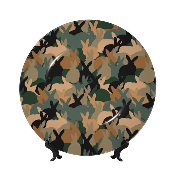 Picia Camouflage Rabbit Pattern Bone China Decorative Plate – Wall Decor with Stand and Adhesive, Elegant Ornament for Living Room, Office, or Entryway-7in
