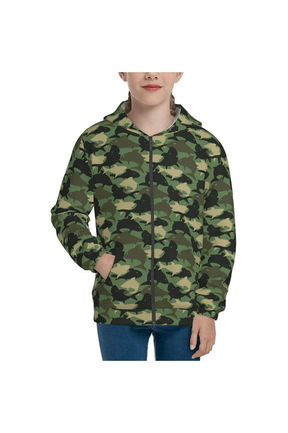 Camouflage Shark for Boys Fashion Full-zip Hoodies & Sweatshirts with Kangaroo Pocket,Zip-up Hooded Sweatshirt for Kid, Moisture Wicking & Breathable-Medium