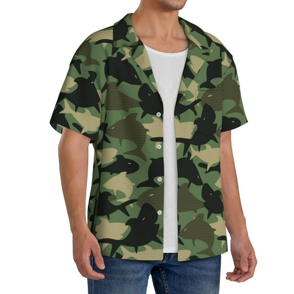 Picia Camouflage Shark Men's Linen Shirts Short Sleeve Cuban Beach Shirts Casual Shirts Button Down Shirt for Men Beach Summer Wedding Shirt-XX-Large