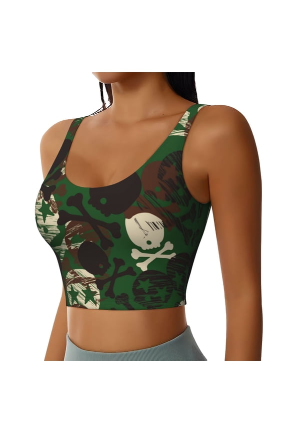 Camouflage Skull Sports Bra for Women,Padded Strappy Sports Bras Medium Support Yoga Bra with Removable Cups,Running Yoga Bra-X-Large