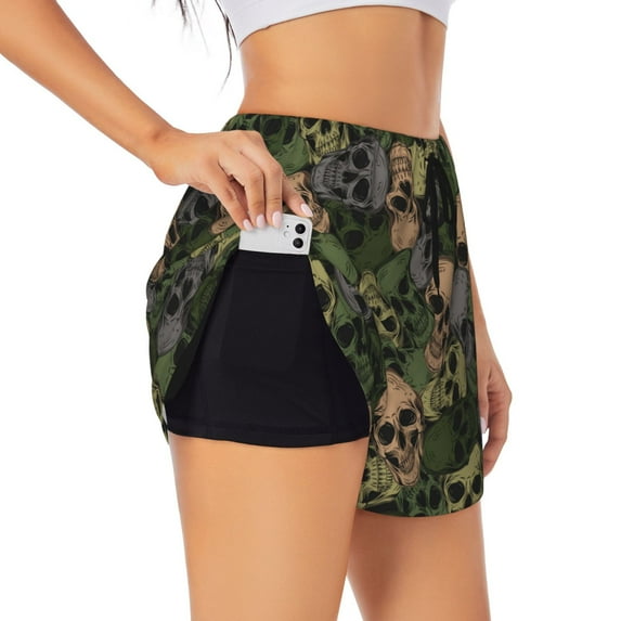 Picia Camouflage Skulls Pattern Women's 2 in 1 Athletic Running Shorts High Waisted Workout Casual Gym Sweat Shorts with Comfy Liner Zipper Pockets-Medium