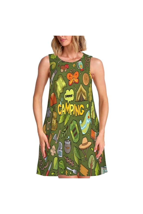 Camping 1 Print Women’s Sleeveless Midi Swing Dress – A-Line Pleated Tank Sundress, Comfortable and Flowy T-Shirt Dress