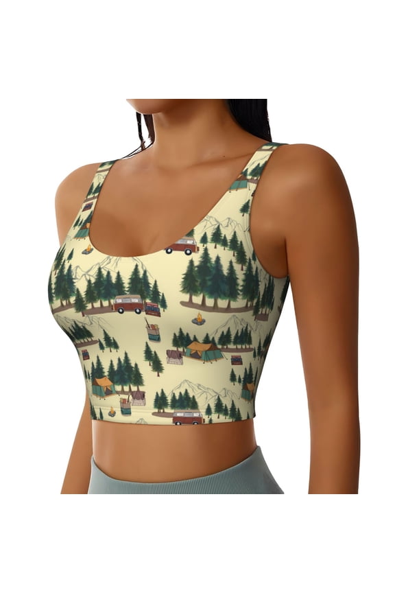 Camping Caravan 1 Sports Bra for Women,Padded Strappy Sports Bras Medium Support Yoga Bra with Removable Cups,Running Yoga Bra-Large