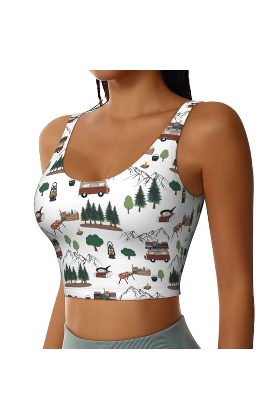Camping Caravan 2 Sports Bra for Women,Padded Strappy Sports Bras Medium Support Yoga Bra with Removable Cups,Running Yoga Bra-X-Large