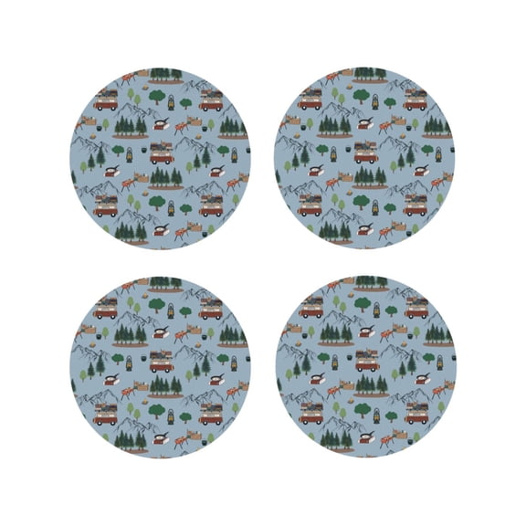 Picia Camping Caravan Printed Leather Coasters for Drinks, 4" Drink Coasters Set of 4 for Tabletop Protection, Handmade Luxurious Home Décor and Housewarming Gift -Round Shape