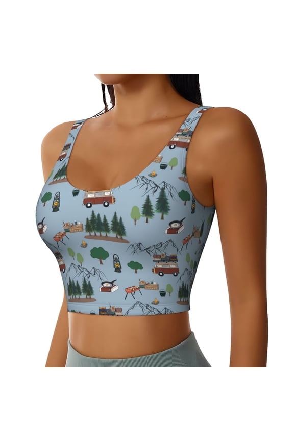 Camping Caravan Sports Bra for Women,Padded Strappy Sports Bras Medium Support Yoga Bra with Removable Cups,Running Yoga Bra-Small