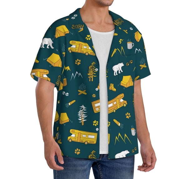 Picia Camping Men's Linen Shirts Short Sleeve Cuban Beach Shirts Casual Shirts Button Down Shirt for Men Beach Summer Wedding Shirt-X-Large