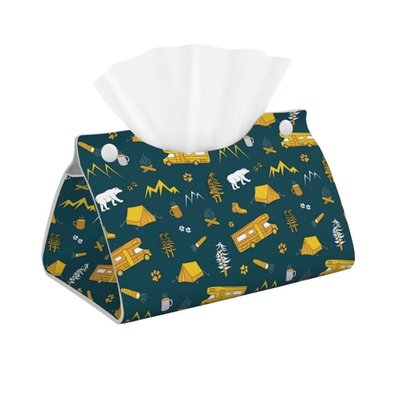 Picia Camping Pattern Long Tissue Box Cover,PVC Leather Triangle Holder,Tissue Box Holder with Magnetic Bottom,Facial Paper Organizer Dispenser-7.9"X4.9"X4.5"