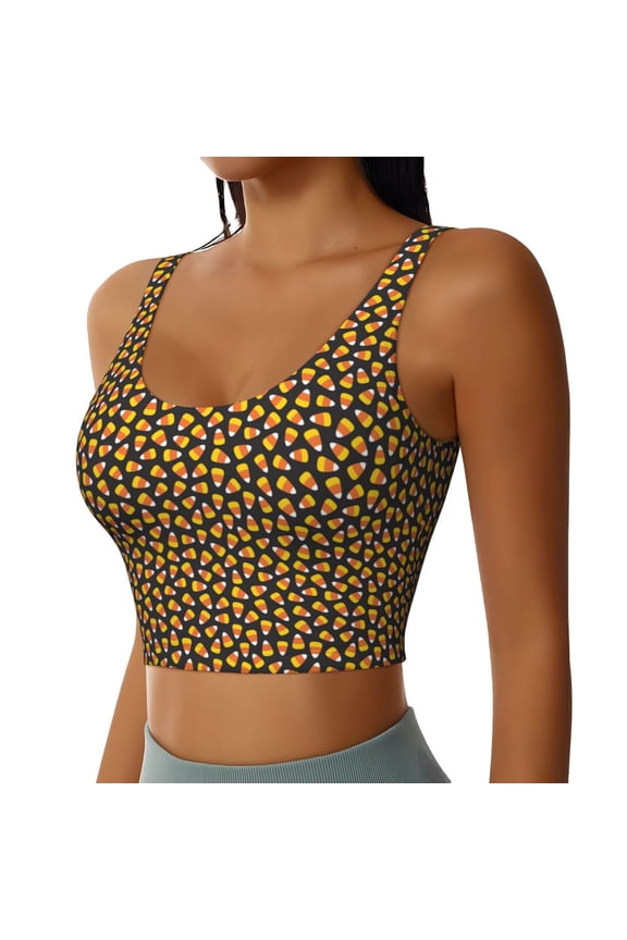 Candy Corn Sports Bra for Women,Padded Strappy Sports Bras Medium Support Yoga Bra with Removable Cups,Running Yoga Bra-Large