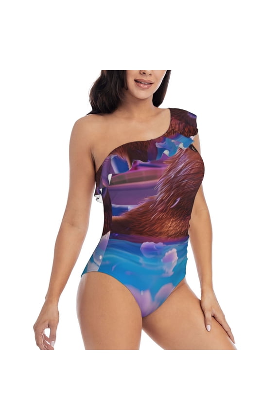 Capybara Bathtub Fun Pattern Women's One Piece Swimsuits,One Shoulder Swimwear Asymmetric ,Ruffle Monokinis Bathing Suits,High Waisted Flattering Bathing Suits-Small