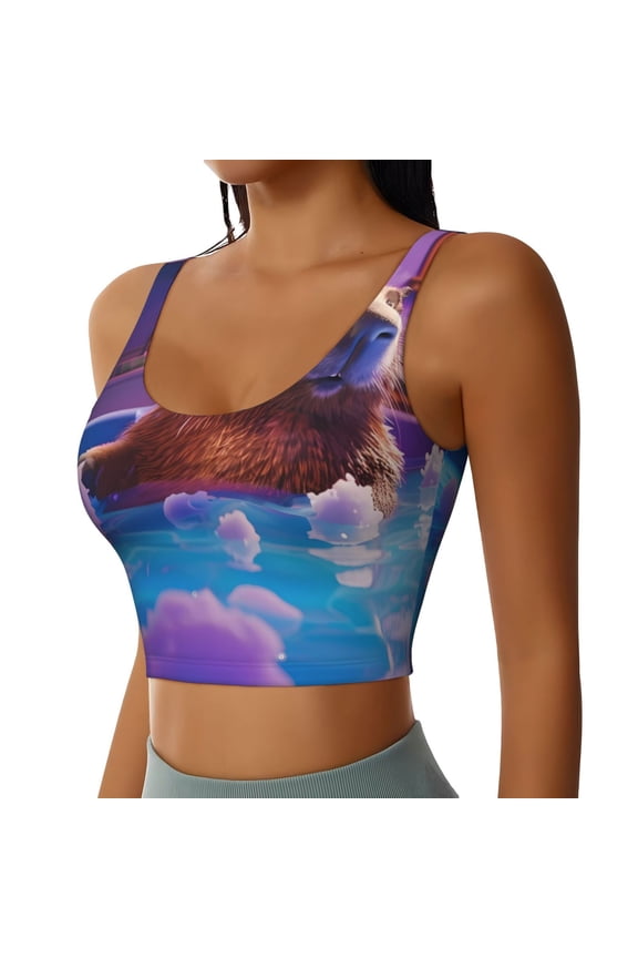 Capybara Bathtub Fun Sports Bra for Women,Padded Strappy Sports Bras Medium Support Yoga Bra with Removable Cups,Running Yoga Bra-Large