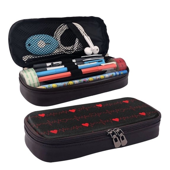 Picia Cardiogram and Heart Pattern Large Capacity PU Leather Pencil Case Organizer Pen Marker Holder Double Zipper Storage Bag Big Pencil Pouch for College Office