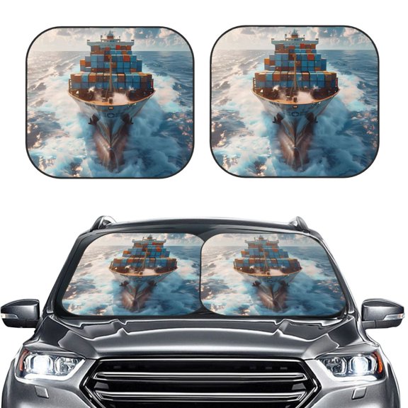 Picia Cargo Ship At Sea 2 Piece Car Windshield Sun Shade Foldable | Foldable Sun Shield for Front Window Blocks UV Rays and Keeps Your Vehicle Cool-Small