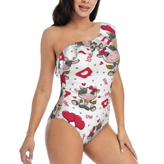 Picia Caring Cow Pattern Women's One Piece Swimsuits,One Shoulder Swimwear Asymmetric ,Ruffle Monokinis Bathing Suits,High Waisted Flattering Bathing Suits-X-Large